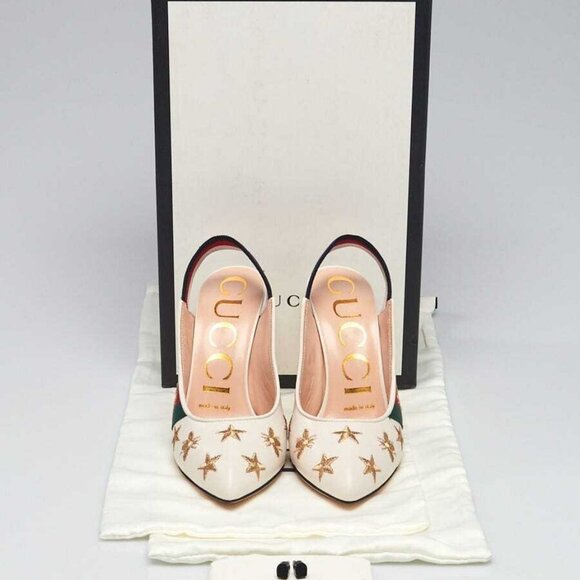 Gucci White Leather Sylvie Vintage Web Star/Bee Pumps Size 5/35.5 - Picture 1 of 5